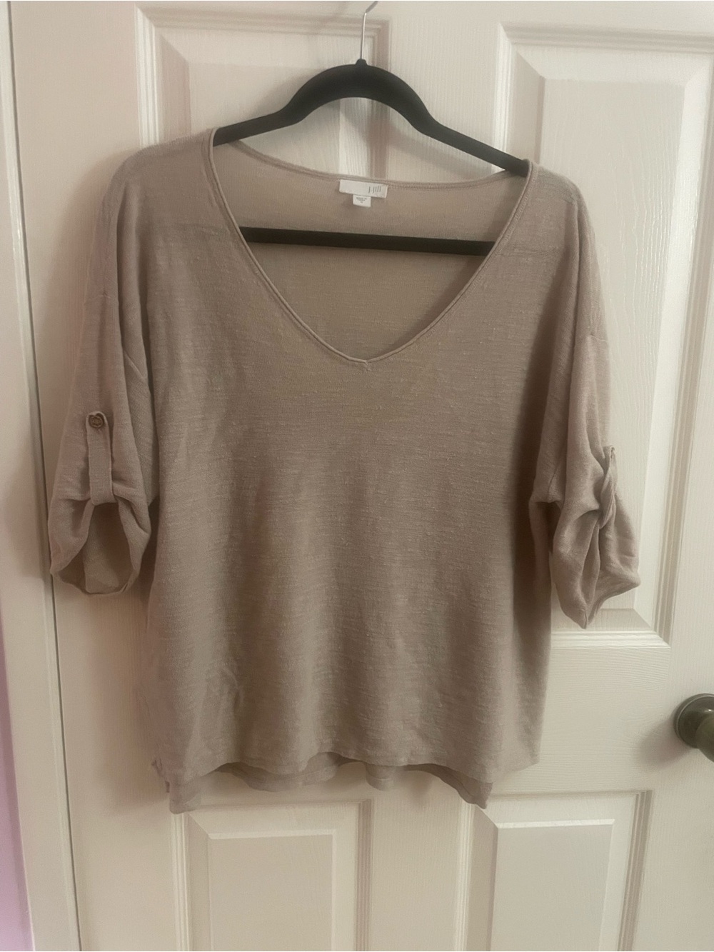 J. Jill Linen Blend Neutral Taupe V-Neck Roll-Tab Sleeve Sweatshirt